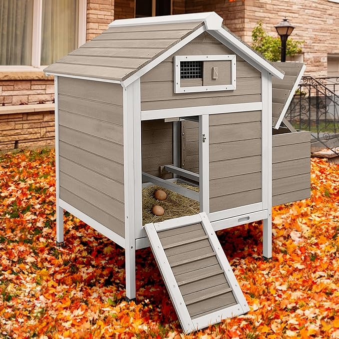 Chicken Coop Chicken House Outdoor with 2 Nesting Box, Wooden Small Chicken Coop Hen House with Removable Trays, Ramp for 1-2 Chickens (32" L x 23.6" W x 36.6" H)