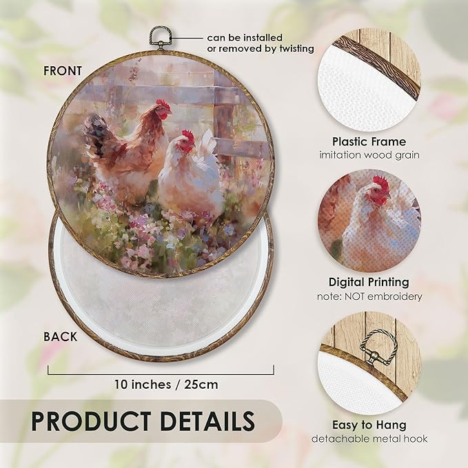 Fewgb Rustic Chicken Round Wall Art Decor Framed, Vintage Farmhouse Country Canvas Wall Art Prints Picture, Farm Cottagecore Hanging Room Decor Artwork for Gallery Bedroom Living Room 10x10