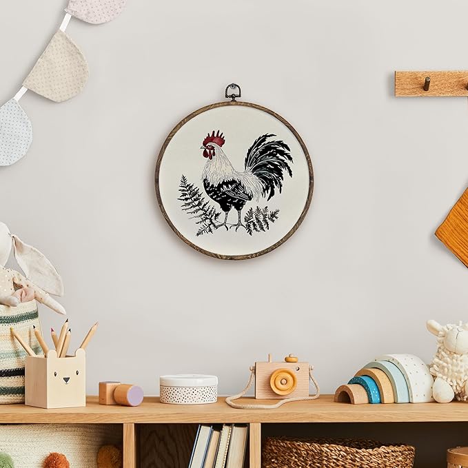 KFXHANGD Farmhouse Chicken Round Wall Art Framed, Rooster Kitchen Decor, Rustic Rooster Canvas Wall Art Decor, Retro Chicken Hanging Wall Decor for Kitchen Bathroom, Chicken Lover Gifts, 10x10In
