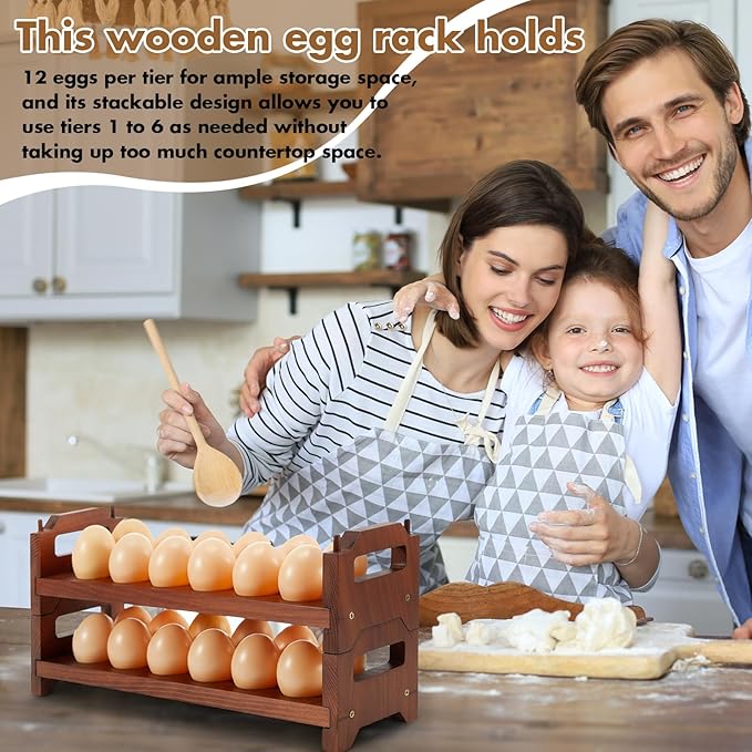 Maxcheck 6-Tier Stackable Acacia Wood Egg Holder, Large Capacity for 72 Eggs, Countertop Storage Rack with Handles for Kitchen Organization and Fridge, Farmhouse Easter Egg Display