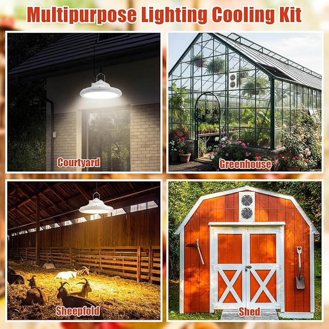 2 Set 25W 12V Solar Panel Dual Metal Shell Fan Kit and Solar Chicken Coop Shed Light with Timer, Waterproof for Inside Chicken Coop, Shed, Greenhouses, Pet House