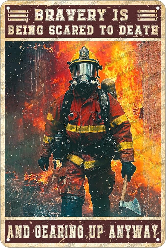 Firefighter Metal Sign Firefighter Bravery Is Being Scared To Death And Gearing Up Anyway Metal Poster Home Kitchen Garage Vintage Aluminium Sign Art Wall Decor 12x8 Inch