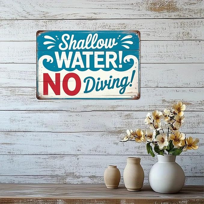 Shallow Water No Diving Tin Sign Vintage Swimming Pool Rules Metal Sign Print Aesthetic for Garden Yard Bar Porch Home Bedroom Kitchen Wall Decor Gift 8 X 12 in