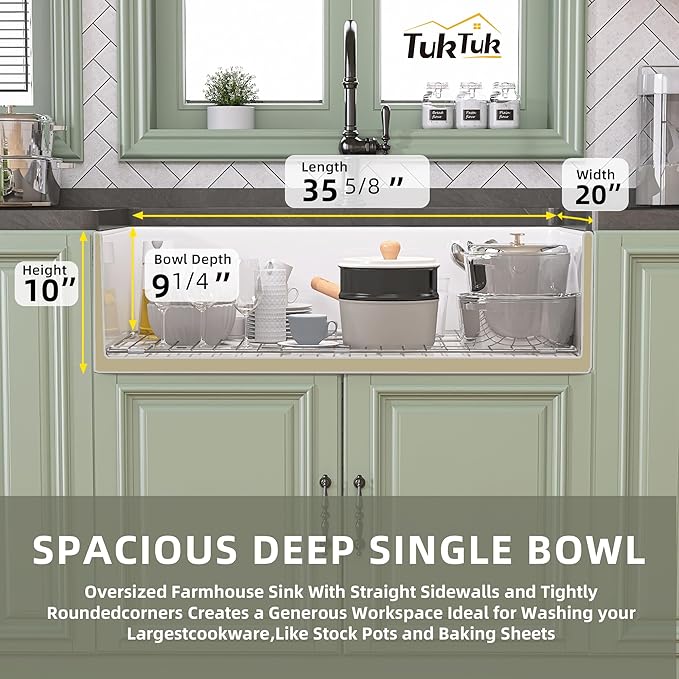 TUKTUK White Farmhouse Sink 36 x 20 Fireclay Apron Front Farm Sink Undermount Single Bowl Deep Big Capacity Extra Wider Reversible Modern with Luxury Accessory Kit