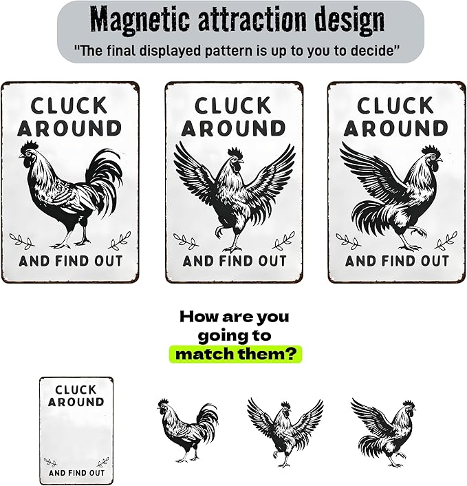 Funny DIY Magnetic Attraction Design,Vintage Chicken Decor Metal Sign, Funny Farmhouse Kitchen Wall Art, Unique Home Decor Gifts for Women, Farmhouse Style Enthusiasts, Retro Chicken Coop Accessories,8*12 Inch (Grey)