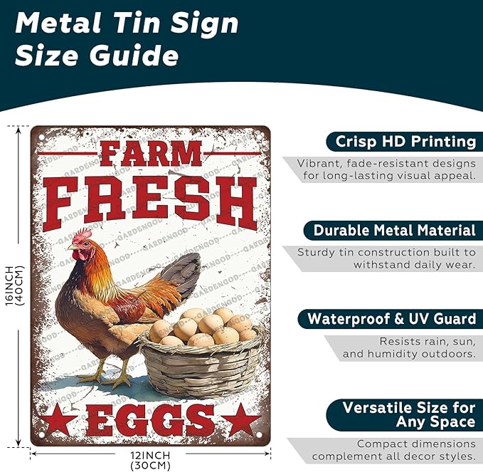 Vintage Chicken Farm Metal Sign Farm Fresh Eggs Metal Poster Home Garden Garage Bathroom Farmhouse Aluminium Sign Art Wall Decor Plaque 16x12 Inch