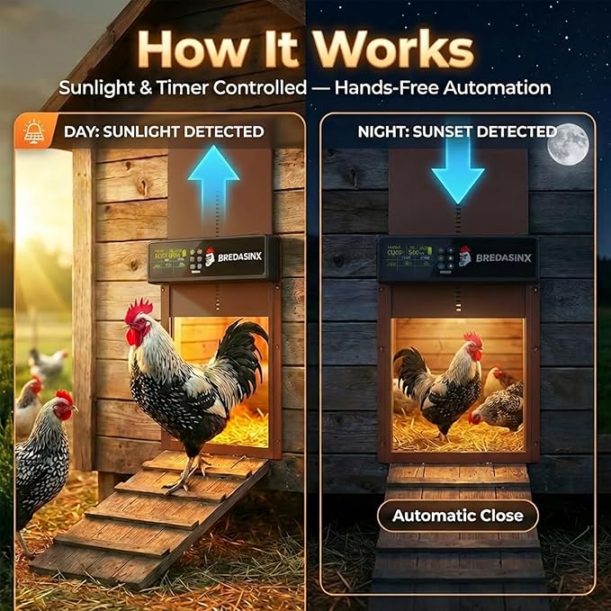Automatic Chicken Coop Door Solar Powered with HD Screen, Timer & Light Sensor, 5 Modes, Aluminum Alloy, Remote Control Up to 70M