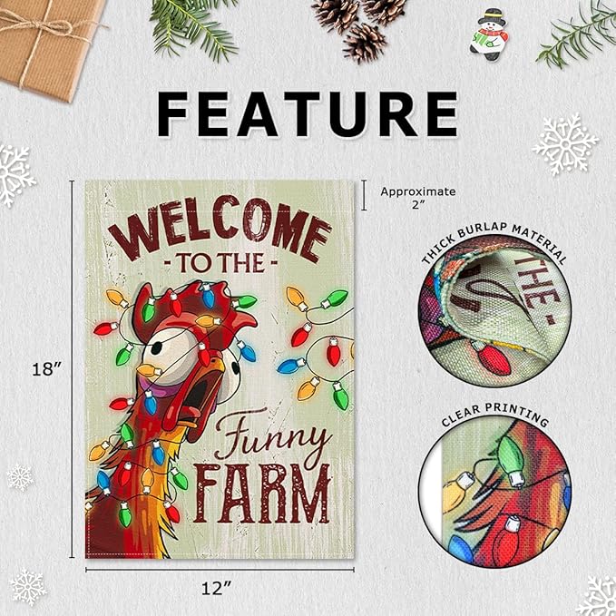 Christmas Welcome Flag - Fun Xmas Farmhouse Animal with Holiday Lights Garden Flags - Rustic Chicken Coop Décor Outside - Welcome to the Funny Farm Sign