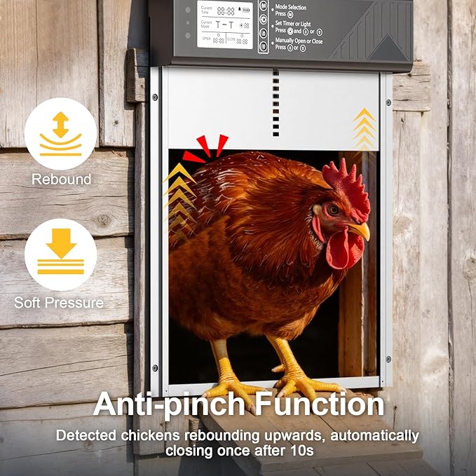 Larger Size Automatic Chicken Coop Door Solar Powered, 4000MAh Internal Battery Automatic Coop Door Anti-hit Side Charging Port, Automatic Chicken Door with Timer, Light Sensor 4Modes & Remote Control