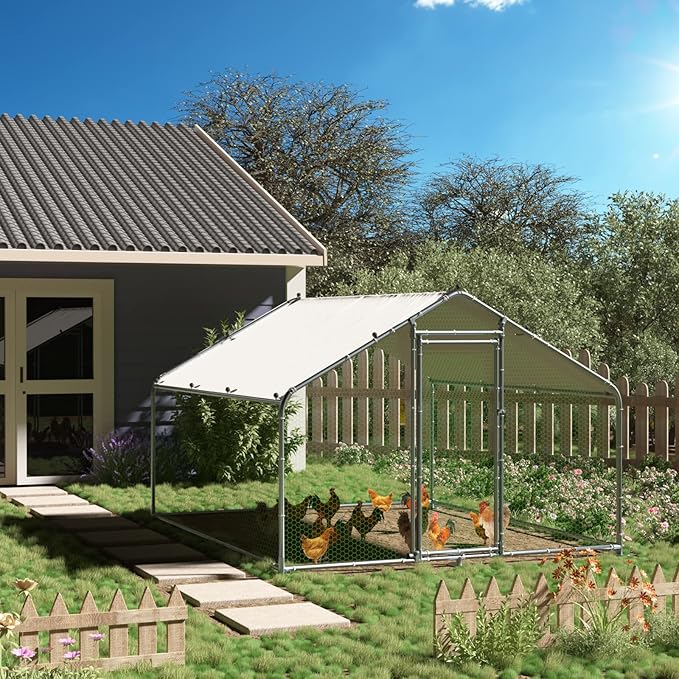 Large Metal Chicken Coop Walk-in Poultry Cage Hen Run House Duck House Rabbits Habitat Cage Spire Shaped Coop with Waterproof and Anti-Ultraviolet Cover for Outdoor Farm Use