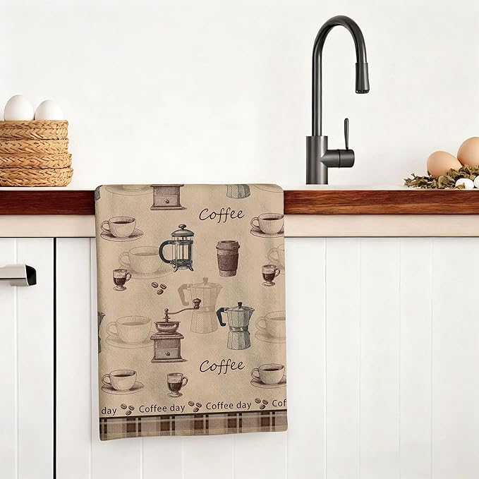 Vintage Coffee Kitchen Towels Decorative Set of 4, Brown Dish Towels Soft Absorbent Cute Tea Towel Hand Towel for Coffee Bar Drying Cleaning Kitchen Decor