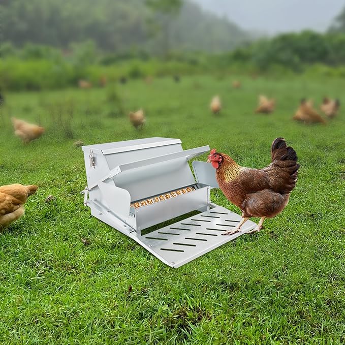 25LB Automatic Chicken Feeder with Rainproof Lid, Metal Treadle Feeder for Chickens, Ducks, Geese