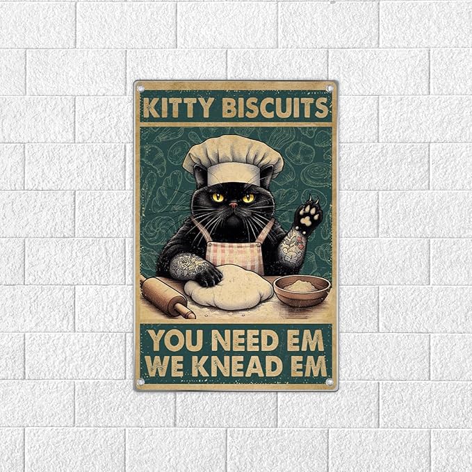 Biscuits Black Cat Wall Decor Funny Kitchen Retro Metal Sign Vintage Art Tin Poster Lovers Home Decoration 8 x 12 Inch Outdoor Indoor Aluminum
