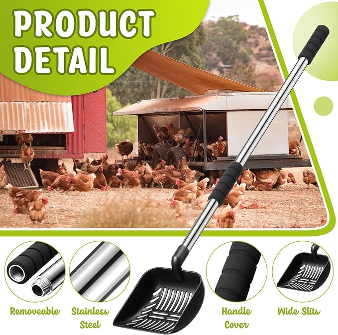 48 Inch Metal Chicken Coop Pooper Scooper (16 to 48 Inch) Long Handle Scooper with Detachable Stainless Steel Long Handle Gloves Accessory for Cleaning Chicken Coop(Black)
