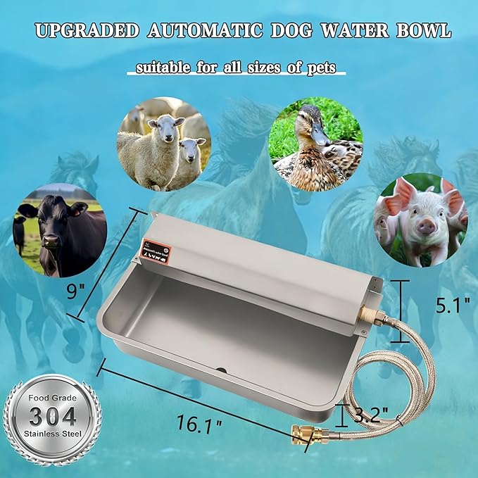 Automatic Dog Water Dispenser with Drain Hole, 304 Stainless Steel Auto Water Dog Bowl with Float Valve, Hose Quick Connect Fitting, Automatic Livestock Waterer for Horse, Chicken (2 Gallon)