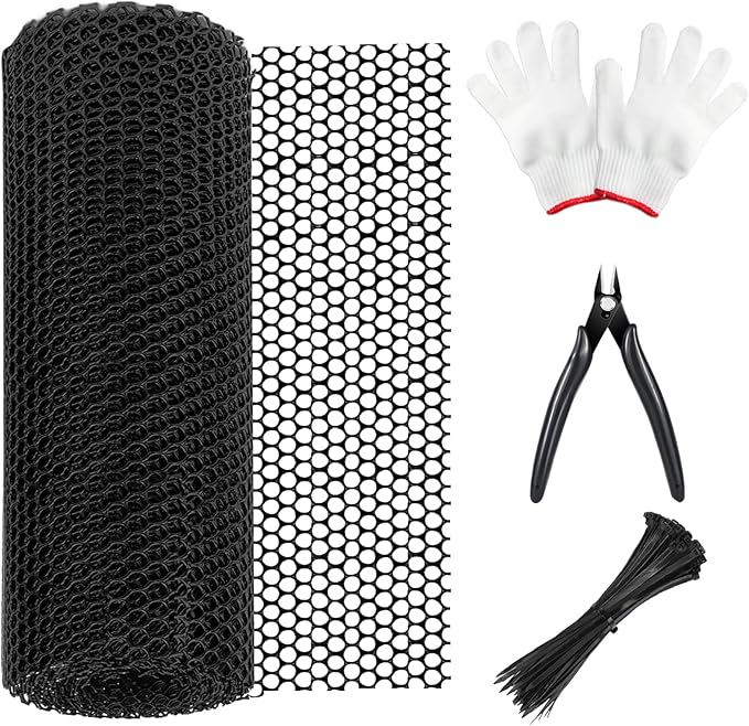 Plastic Chicken Mesh 1.3ft x 33ft (15.7" x 360") Chicken Fencing Black Chicken Mesh with Gloves Zip Ties Scissors Floral Chicken Wire Ideal for Poultry Fencing