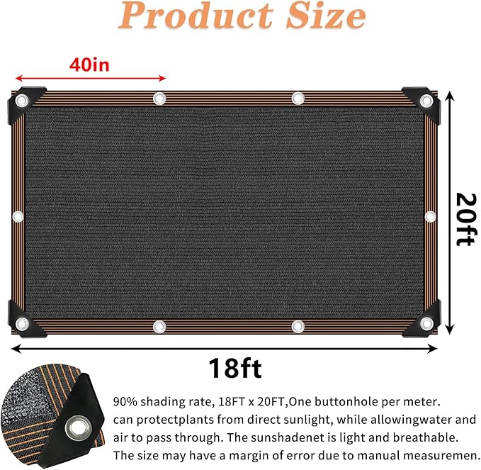 90% Black Shade Cloth, 18x20 FT Mesh Tarp Sun Shade Cloth with Grommets, Sun Protection Sail for Garden Greenhouse Pergola Plants Chicken Coop Patio Outdoor Neting Cover