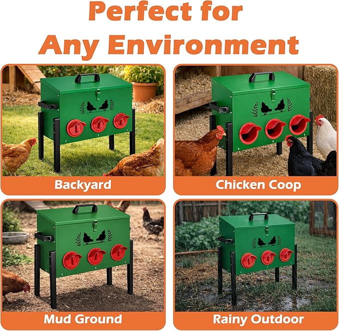 Large Capacity Automatic Chicken Feeder, 6 Port Chicken Feeder, 28LB Metal Chicken Feeders with Locking Lid & Adjustable Legs, No Waste Chicken Feeder, Green