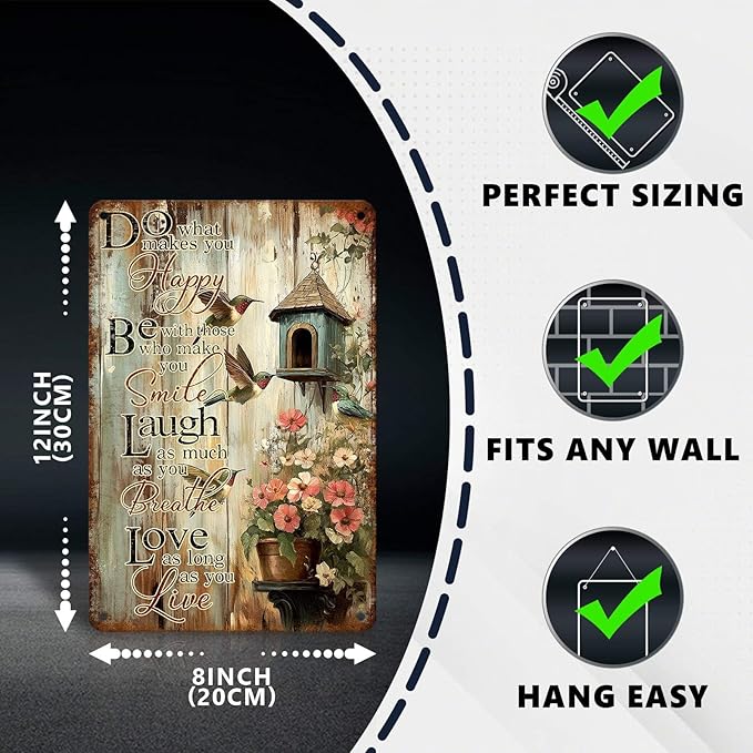 Vintage Garden Tin Sign Do What Makes You Happy Retro Hummingbird Metal Poster Rustic Nostalgic Metal Sign Wall Decor For Home Garden Plaque Yard Living Room Bedroom Cafe Bar 12 * 8 In