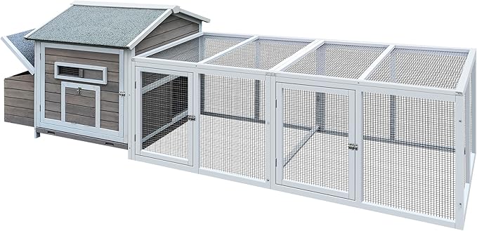 Large Wooden Chicken Coop Outdoor Hen House with Nesting Box，Walk-in Poultry Cage with Secure Locks, Metal Mesh Run for Backyard Farm Use (Gray 118")