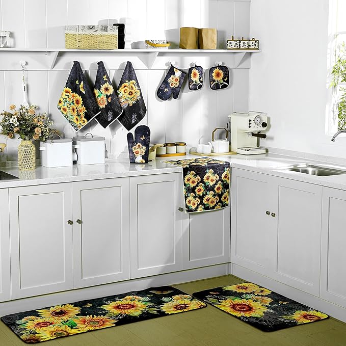 10 Pcs Vintage Sunflower Kitchen Dish Towels Rugs Oven Mitts and Pot Holders Set Farmhouse Kitchen Decor Set for Women Mom Daughter Gift Cooking Baking Grilling(Vintage Gray)