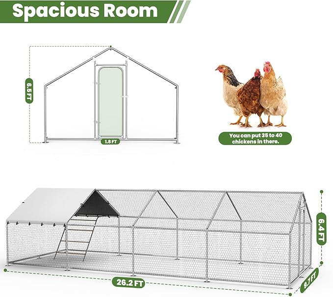 Large Metal Chicken Coop with Roosting Perch, Waterproof and UV Protection Cover, Chicken Run Outdoor Walk-in Cage Chicken Rabbit Duck Hen House for Yard Farm Use Spire Roof (10’ W x 26.2’ L x 6.4’ H)