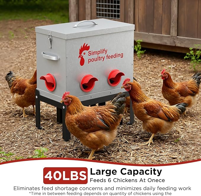 40 lb Large Automatic Chicken Feeder with 6 No-Waste Ports – Outdoor Metal Chicken Feeders with Adjustable Stand, Rodent-Resistant Design & Riveted Handles for Chickens, Ducks & Poultry