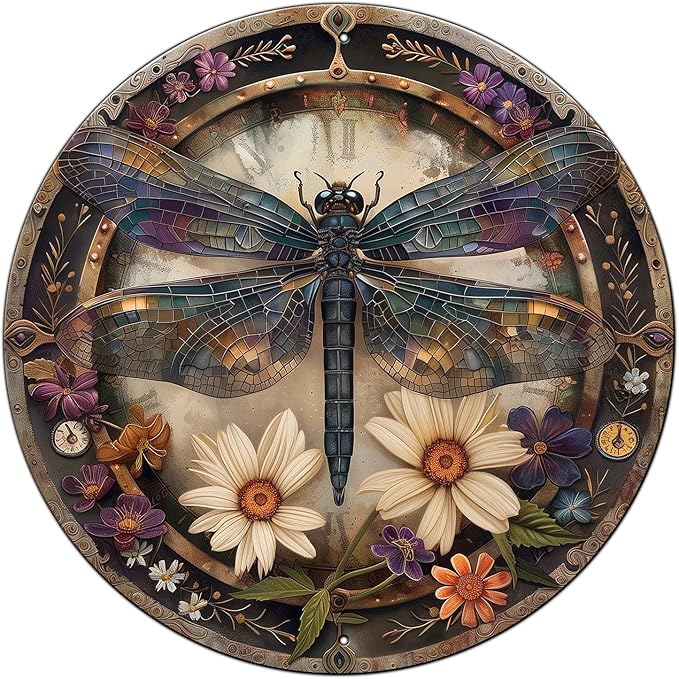 Vintage Dragonfly Sign Metal Sign Retro Round Tin Sign Aluminum Sign for Farmhouse Yard Home Bar Bedroom Wall Decor 12 Inch