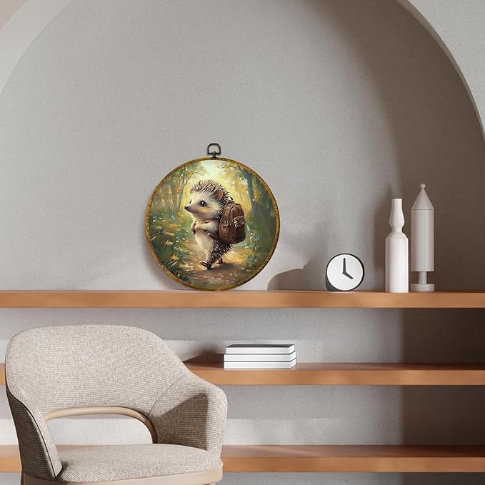 CUANFDDSF Nature Forest Hedgehog Round Wall Art, Cute Jungle Animal Framed Hanging Wall Decor, Cottagecore Forest Animal Canvas Prints Decorations for Home Bedroom Living Room, 10x10 Inch