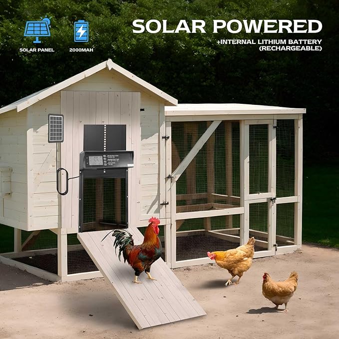 Automatic Chicken Coop Door Solar Powered, LCD Display Chicken Door with Timer & Light Sensor, Remote Control & 4 Modes, Anti-Pinch, Weatherproof