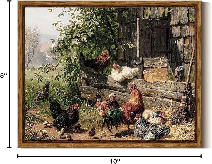 InSimSea Framed Canvas Wall Art - Funny Running Chicken & Chicken Coop - Rustic Farmhouse Painting - Country Wall Prints - Bedroom & Living Room - 8x10in