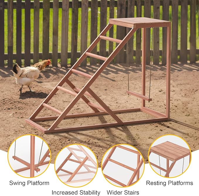 Chicken Perch w/Ladder Swing & Ramp for Coop, Chicken Roosting Bars for Chicks in Run Cage, Poultry Coop Accessories Toy, Wooden Activity Play for Pets Healthy Suitable for Backyard Farm