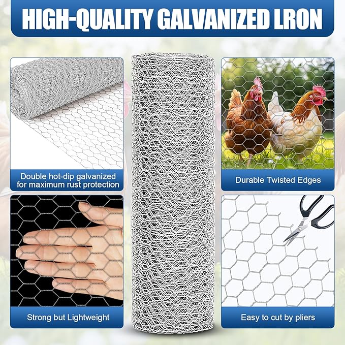 Chicken Wire,16"×50FT Chicken Wire Fencing for Garden Poultry, Hexagonal Galvanized Chicken Wire Mesh, Sturdy Chicken Wire Roll Plant Protector,Rabbit Fence, Wire Fence Rolls for Craft Projects