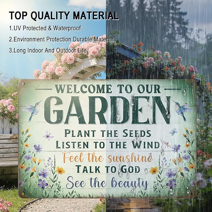 Garden Signs Garden Decor for Outside - Welcome To Our Garden Tin Sign, Vintage Gardening Signs Gifts for Plant Lovers Women Gardeners 12x8 Inch