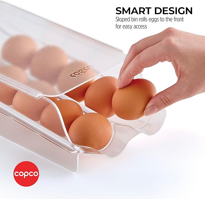 Copco Roll Down Egg Bin with Removable Lid - Space-Saving, Clear Egg Organizer for Refrigerators - Holds Up to 14 Eggs