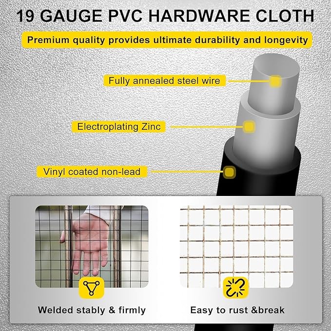 Black Hardware Cloth 12'' x 10' PVC Steel Vinyl Coated 1/4 inch Galvanized Wire Mesh Roll（23GA) Chicken Wire Fence Roll, for coop Fences,Screen mesh, Rabbit/Snake Fences, Poultry enclosures, etc.
