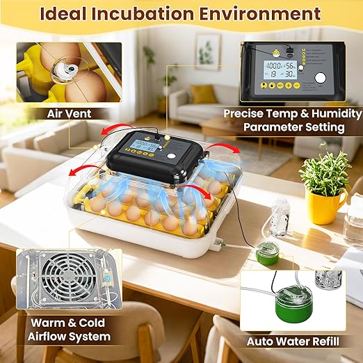 Incubators for Hatching Eggs, 30 Chicken Eggs Incubator with Automatic Egg Turning, Dual Power Supply, Egg Candler, Temperature & Humidity Control with Alert Function, Auto Water Filling