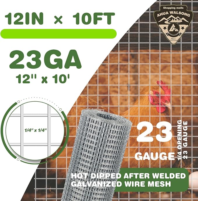 Hardware Cloth 1/4 Galvanized Wire Mesh Roll 12" x 10' (23 GA) - Chicken Wire Fence for Pens, Coops, Rabbit/Snake Fences, Poultry Enclosures, Crafting, and Screen Mesh
