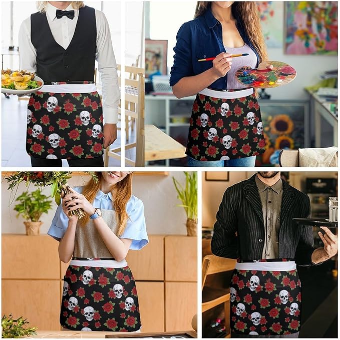 Unisex Apron for Cooking Server Waitress Half Waist Apron with 3 Pockets