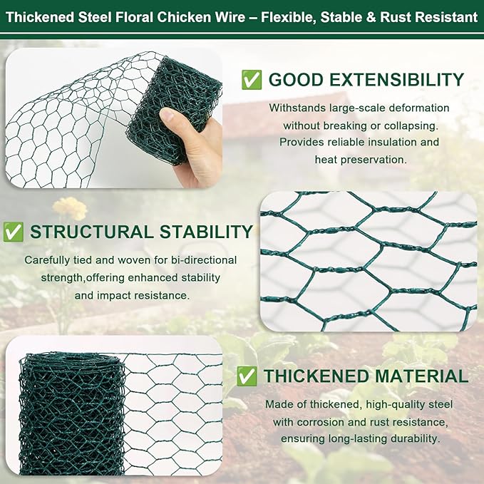 Floral Chicken Mesh for Craft, 4 x 236 Inch Galvanized Hexagonal Netting Roll, Lightweight Garden Poultry Fence for Coop & Rabbit, Metal Mesh Kit with Gloves, Ties and Plier