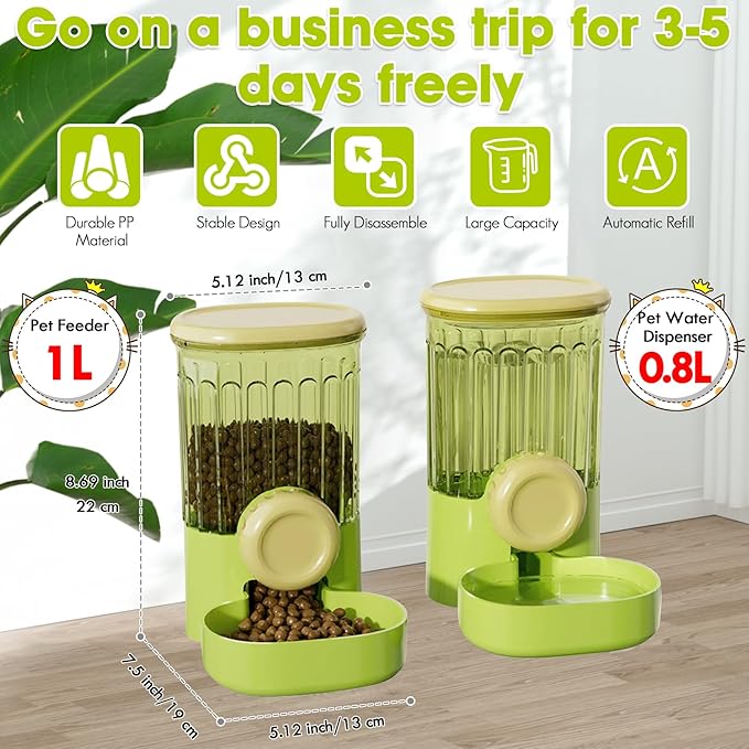 Hanging Small Pet Feeder and Water Dispenser, 1L Auto Cat Food Bowl and 0.8L Water Bottle Dispenser, Auto Gravity Pet Feeder and Waterer Set for Puppy, Kitten, Rabbit and Small Pets (Green)