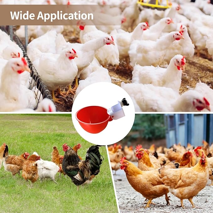 20 Pcs Chicken Waterer Cups, Duck Water Feeder Kit, Automatic Poultry Drinking Bowl with Drill, Includes Large Red Cups and Drill Bit, Ideal for Chickens and Ducks