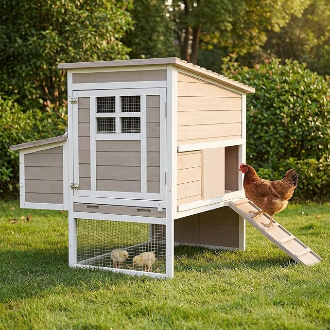 2-Story Wooden Chicken Coop, Outdoor Poultry House with Removable Leak-Proof Tray, 3 Nesting Boxes, 2 Perches Ventilation Metal Mesh, Rabbit Hutch for Small Animals, Backyard, Garden