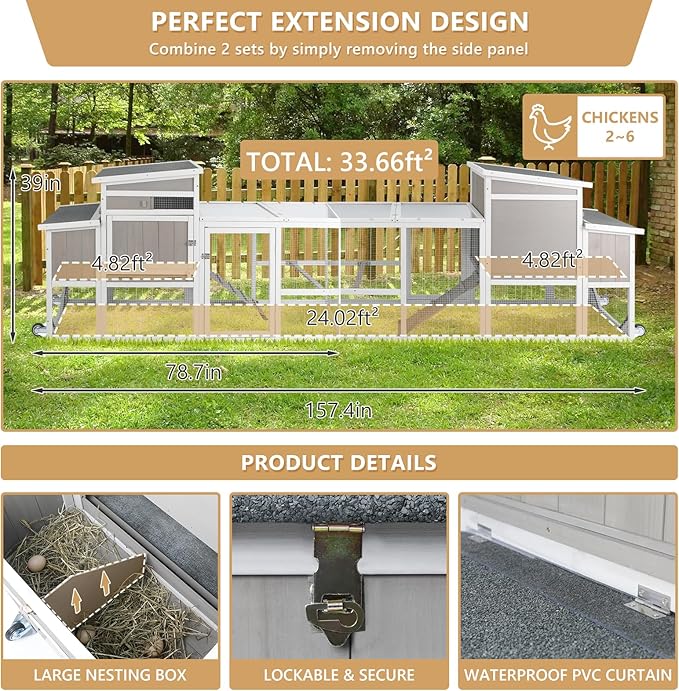 PetsCosset 157.4"L Chicken Coop with Wheels, Large Wooden Chicken House with Run, Backyard Hen House Poultry Cage for 2-6 Chickens Rabbit and Small Animal, Nesting Box, Tray, 6 Perches, Set of 2, Grey