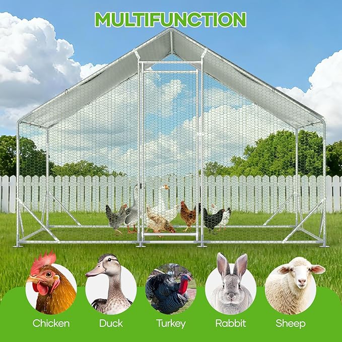 Large Metal Chicken Coop,10x6.5 FT Walk in Chicken Runs with Cover for 10 Chickens,Hen House Enclosure with Security Lock, Outdoor Duck Rabbit Cage Poultry Pens for Backyard,Farm,Yard