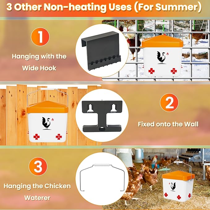 Heated Chicken Waterer, Poultry Water Heater for Winter with 4-Nipple, Thermostatically Controlled, 4 Adjustable Heights, Anti-Freezing Watering System for Coop Accessories (Orange, 7L)