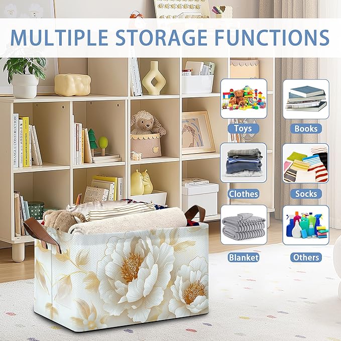 Vintage Peony Storage Baskets,White Gold Flower Foldable Large Capacity Organizer Bins with Waterproof Lining and Leather Handles for Closet,Shelf,Bedroom 17x11.5x10Inch