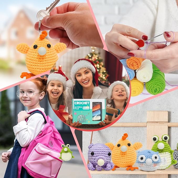 4Pcs Crochet Kit Complete Animal Crochet for Beginners Knitting Kit DIY Crochet Craft Kit Adorable Doll Chick Frog Octopus Starter Pack DIY Crochet Craft Kit with Step-by-Step Tutorials for Adults