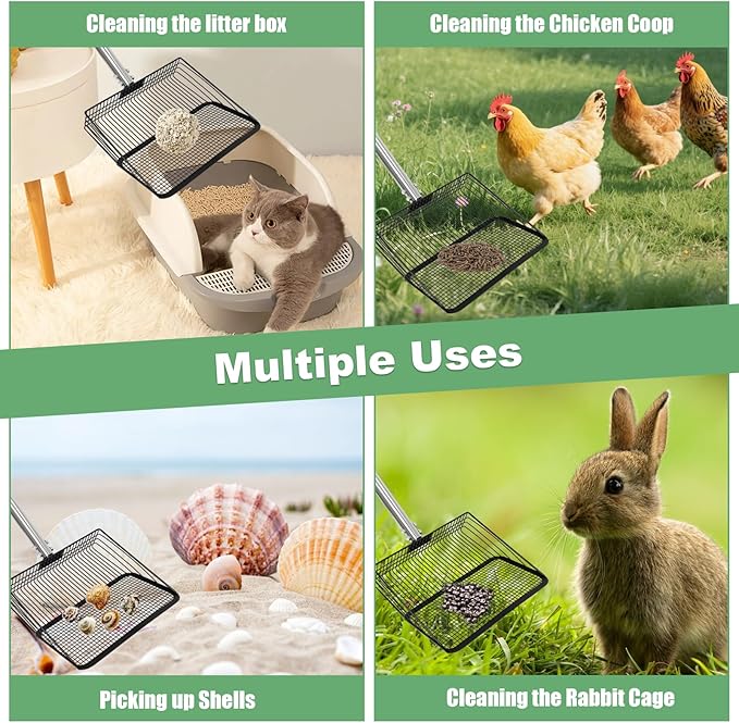 Chicken Poop Scooper, 5-in-1 Large Adjustable Stainless Steel Long Handle, 10-inch Metal Chicken Coop Scooper, 22" to 77" Removable Heavy Duty Coop Scoop Cleaning Supplies for Chicken Coops