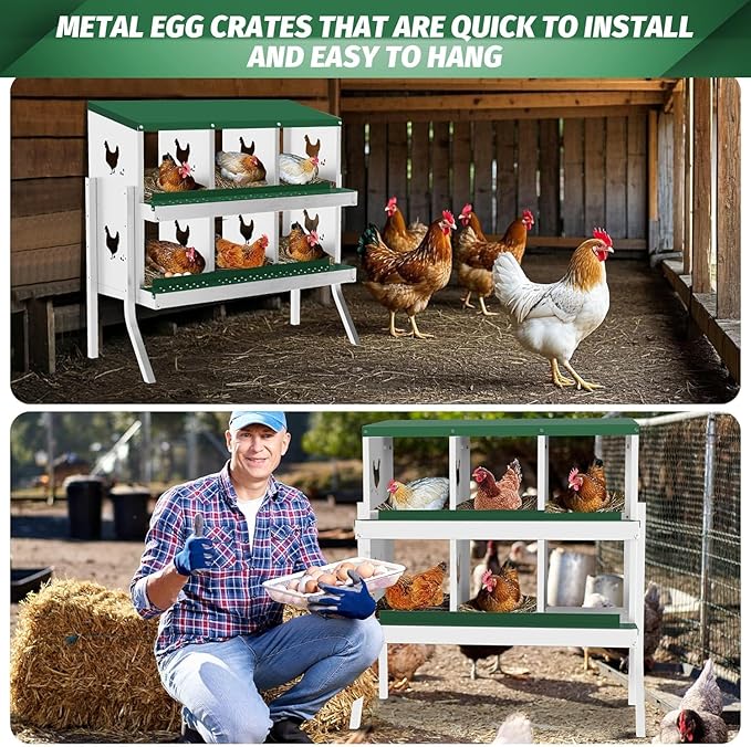 Metal Chicken Nesting Boxes, Heavy-Duty Galvanized Steel Egg Laying Box with 6 Compartments, Rustproof, Easy to Install & Clean, Wall-Mountable Design for Poultry Coops- Green with Stand